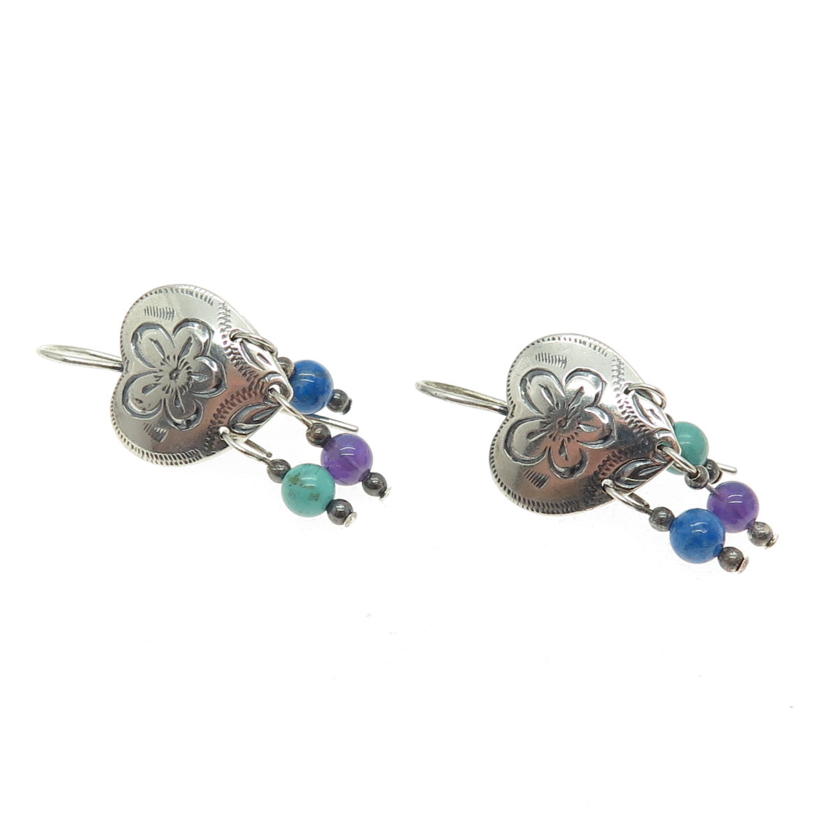 CAROLYN POLLACK Old Pawn Sterling Silver Turquoise Amethyst Lapis Heart Earrings