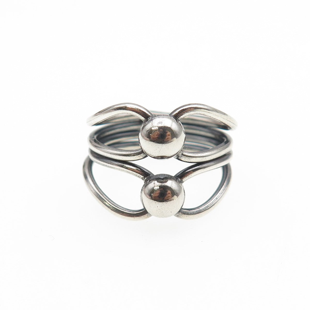 925 Sterling Silver Vintage Modernist Beaded Overlap Oxidized Ring Size 8.75