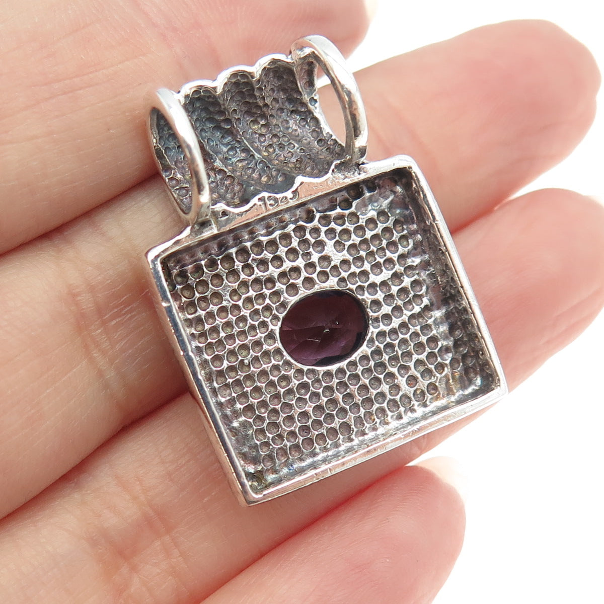 925 Sterling Silver Vintage Real Amethyst Gemstone Ornate Slide Pendant