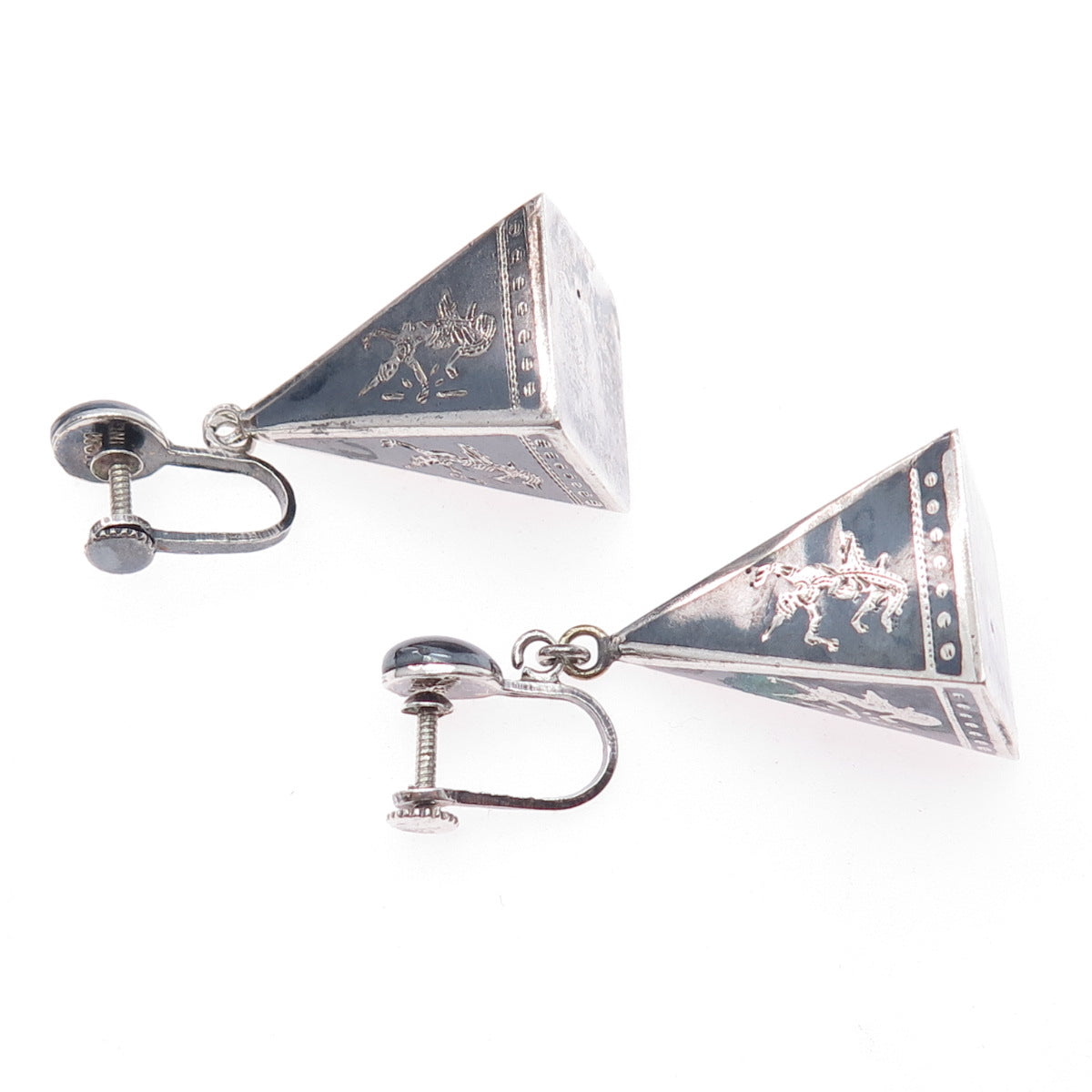 925 Sterling Silver Antique Siam Niello Hindu Goddess Screw Back Dangle Earrings