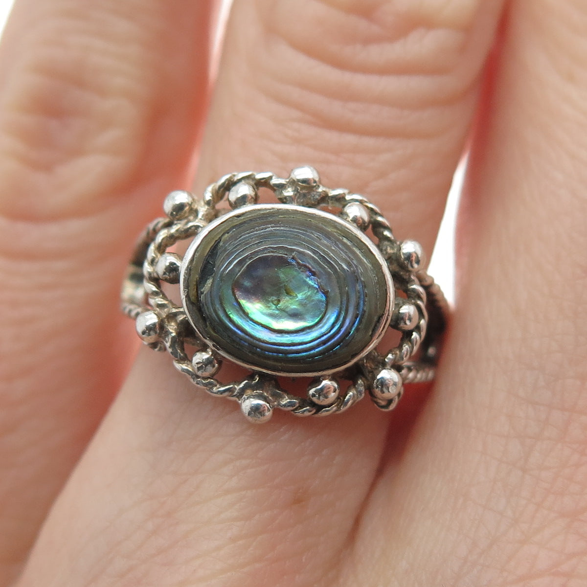 925 Sterling Silver Vintage Real Abalone Shell Modernist Beaded Ring Size 5.25