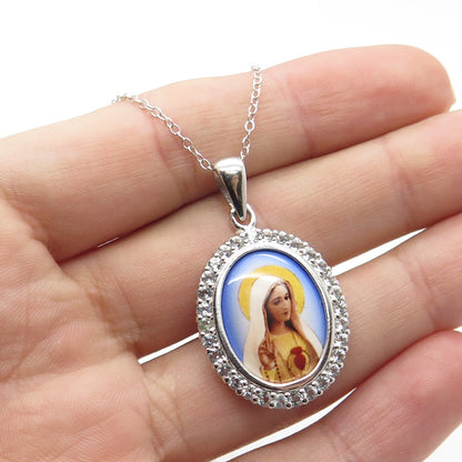 HAN 925 Sterling Silver White Topaz Gem & Enamel Religious Theme Necklace 18"