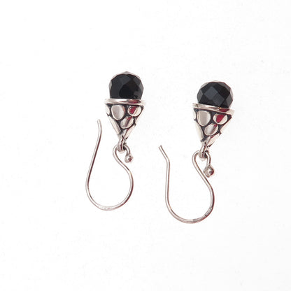925 Sterling Silver Vintage Real Black Onyx Teardrop Dangle Earrings
