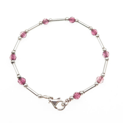 925 Sterling Silver Vintage Italy Real Pink Tourmaline Bar Beaded Bracelet 7"