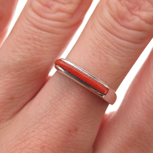 Old Pawn 925 Sterling Silver Vintage Coral Bar Stackable Tribal Ring Size 6.75