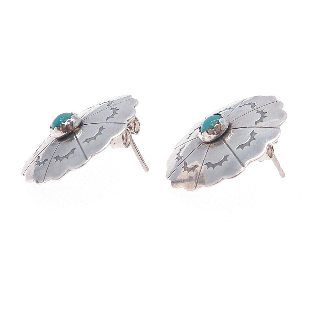 Old Pawn Sterling Silver Vintage Southwestern Turquoise Flower Tribal Earrings