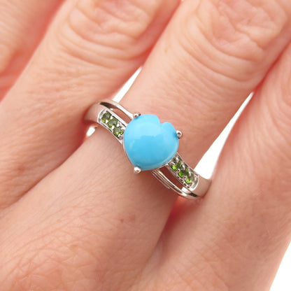 Chuck Clemency 925 Sterling Silver Real Turquoise & Peridot Heart Ring Size 8