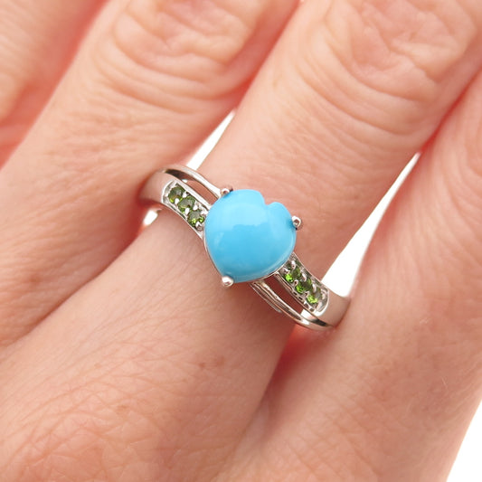 Chuck Clemency 925 Sterling Silver Real Turquoise & Peridot Heart Ring Size 8