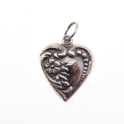 925 Sterling Antique Art Deco Chatelaine Floral Heart Oxidized Charm Pendant