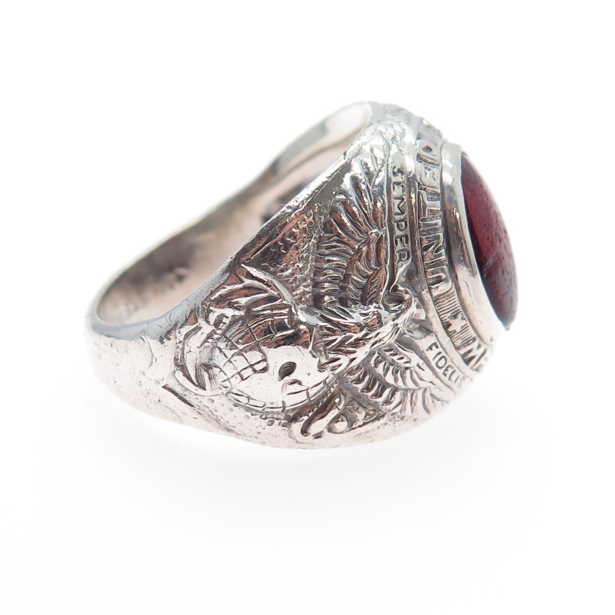 UNCAS 925 Sterling Silver Vintage Red Glass US Marines Signet Ring Size 11