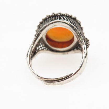 925 Sterling Silver Antique Art Deco Real Carnelian Adjustable Ring Size 6.75