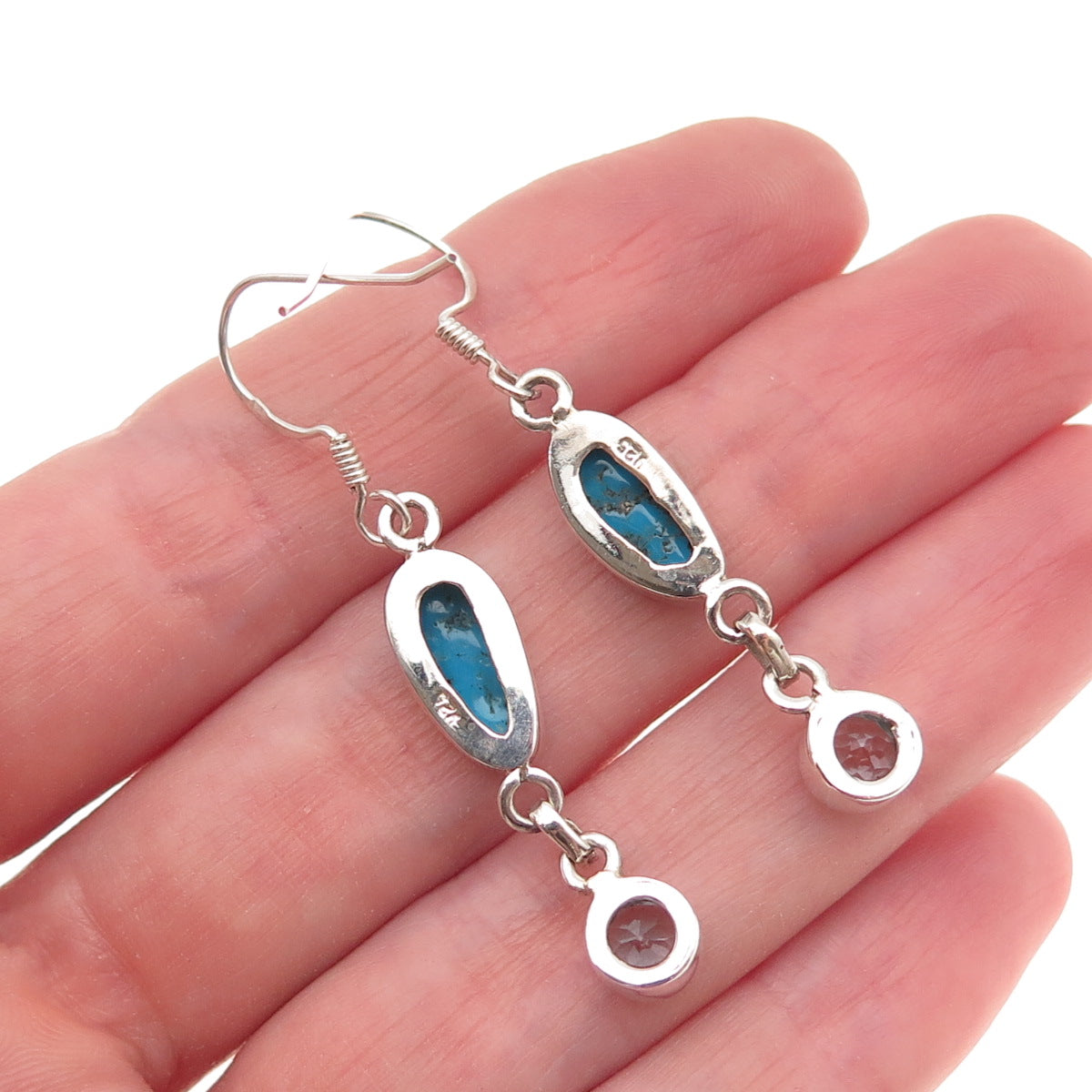 925 Sterling Silver Vintage Real Turquoise & Blue Topaz Dangle Earrings
