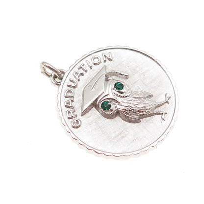 925 Sterling Silver Vintage Green Rhinestone Graduation Owl Bird Charm Pendant