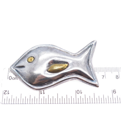 925 Sterling Silver 2-Tone Vintage Mexico Modernist Fish Oxidized Pin Brooch
