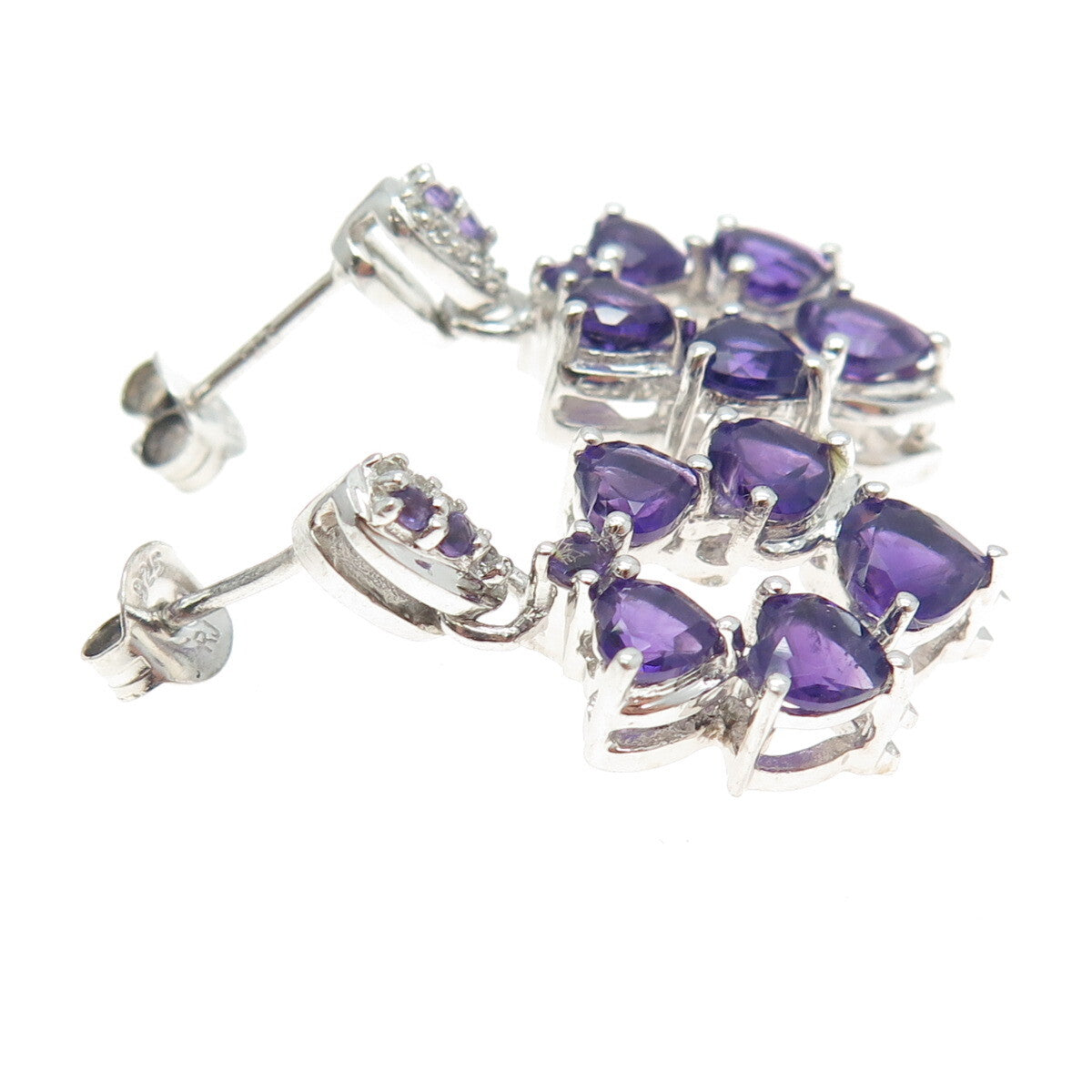 925 Sterling Silver Real White Topaz & Amethyst Gemstone Dangling Earrings