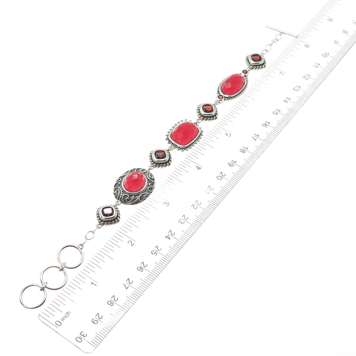925 Sterling Silver Vintage Real Cherry Quartz & Red Garnet Bracelet 6-7.25"
