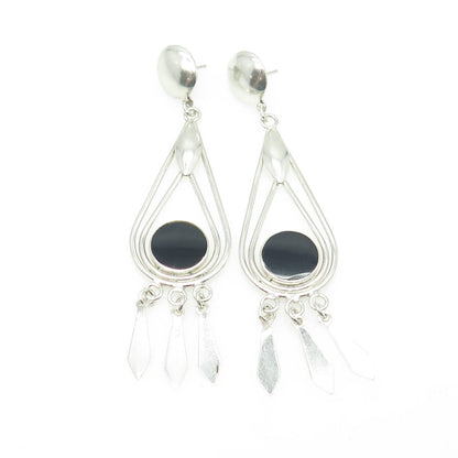 925 Sterling Silver Vintage Real Black Onyx Dangling Earrings