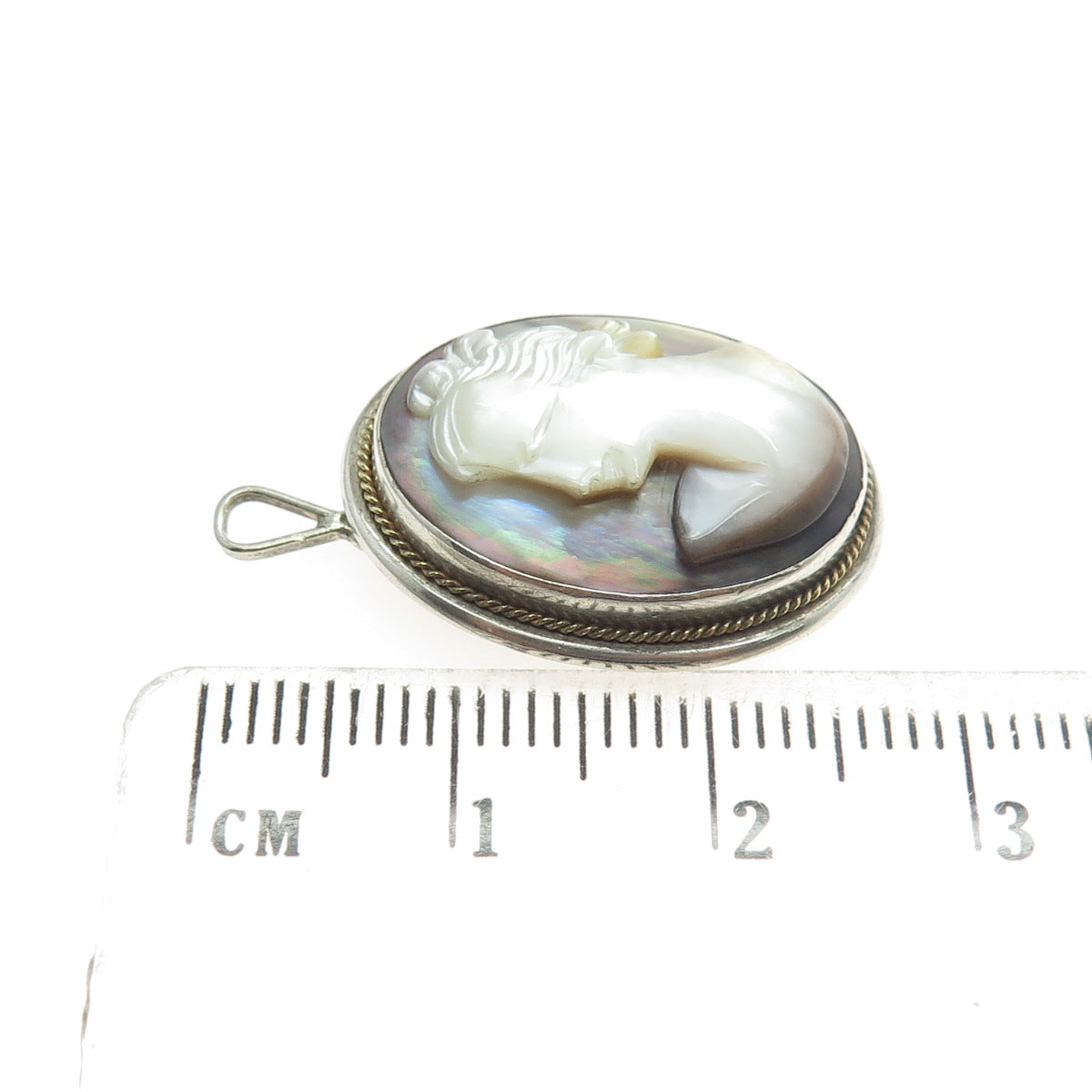 800 Silver 2-Tone Antique Art Deco Real Carved Abalone Shell Lady Cameo Pendant