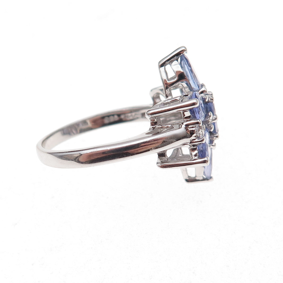 925 Sterling Silver Real Tanzanite & White Topaz Floral Ring Size 8
