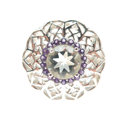 ROSS SIMONS 925 Sterling Silver Real Aquamarine & Amethyst Flower Ring Size 7.25