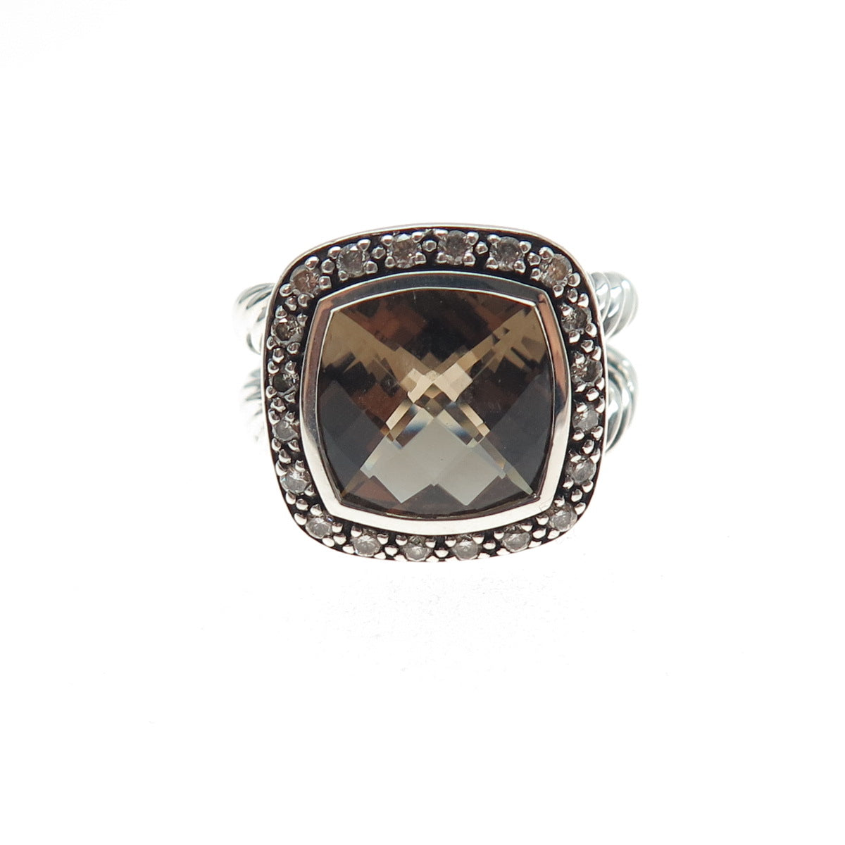 DAVID YURMAN Sterling Silver Vintage Real Diamond & Smoky Quartz Ring Size 6.25