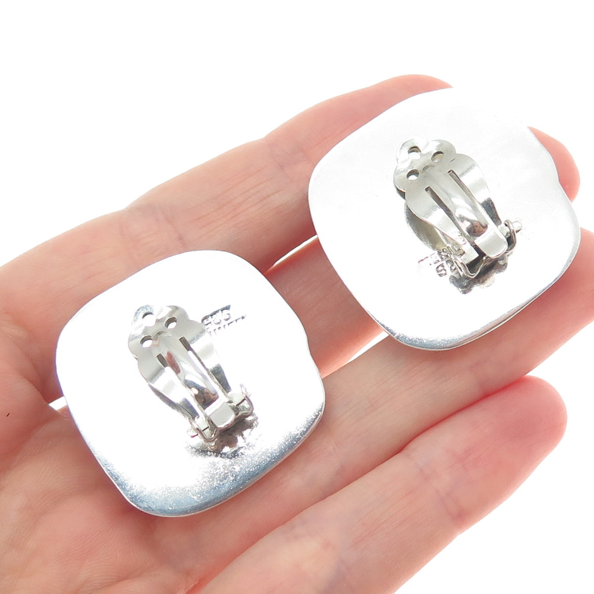 925 Sterling Silver Vintage Mexico Real Black Onyx Modernist Clip On Earrings