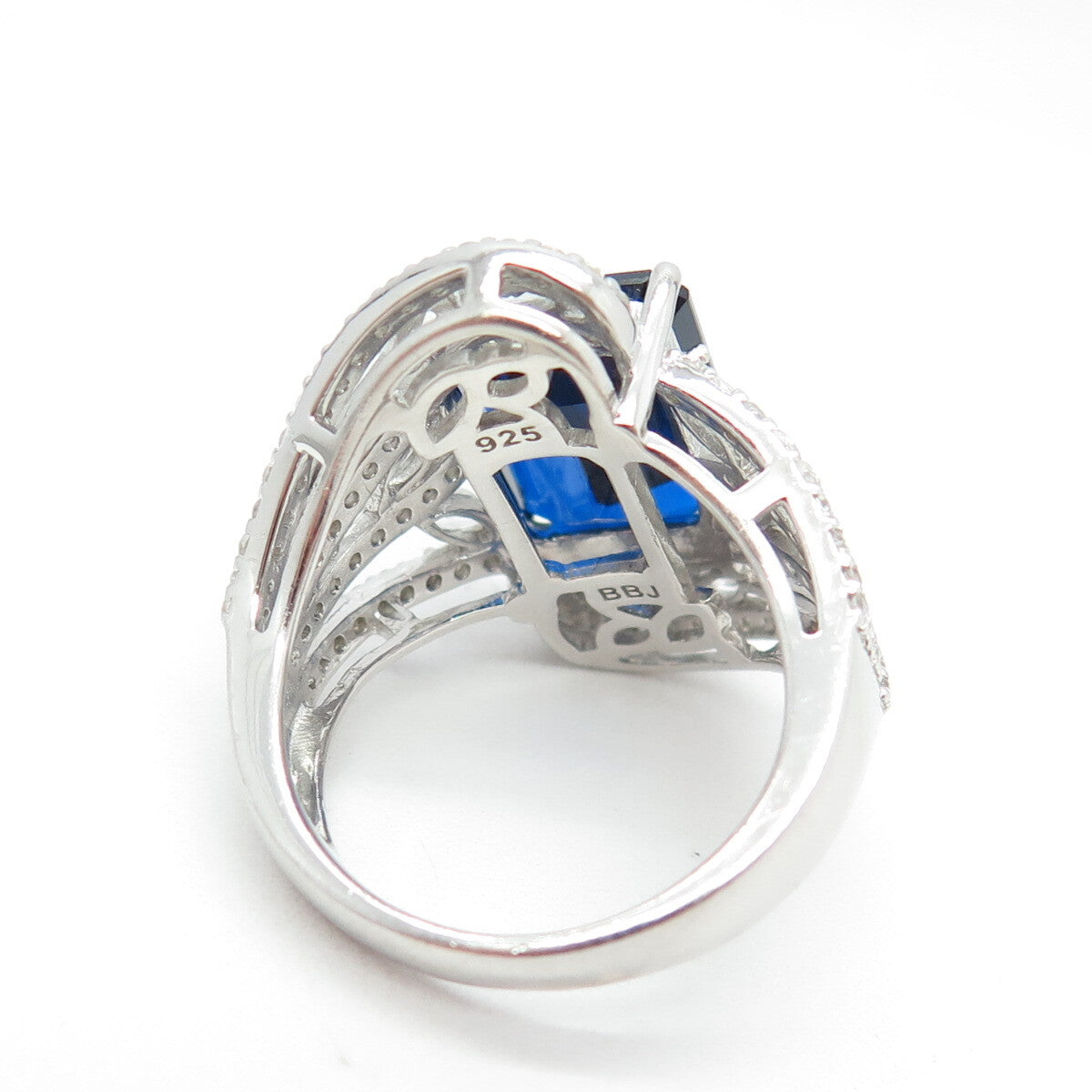 925 Sterling Silver Emerald-Cut Blue & White C Z Bypass Ring Size 7
