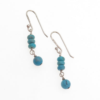 SX Sally C 925 Sterling Silver Vintage Real Turquoise Beaded Dangle Earrings
