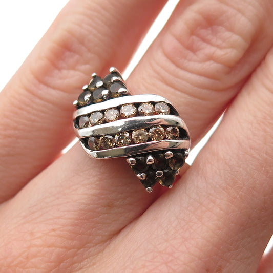 925 Sterling Silver Vintage Real Round-Cut Smoky Quartz Ring Size 6