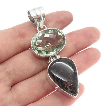 925 Sterling Silver Vintage Real Rutilated Quartz & Green Amethyst Gem Pendant