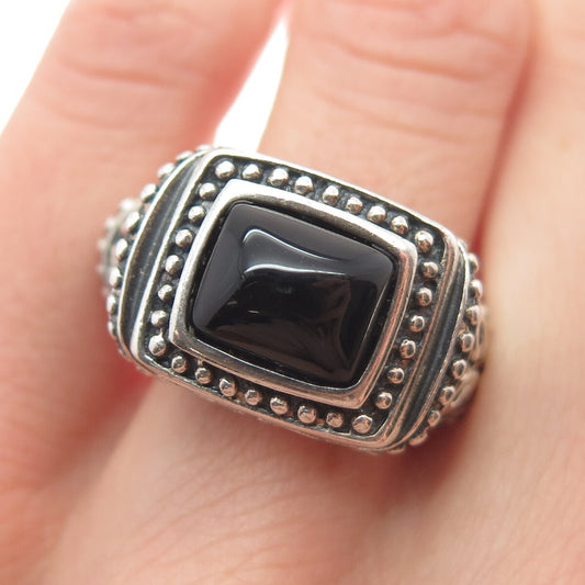 925 Sterling Silver Vintage Real Black Onyx Ornate Granulated Ring Size 9