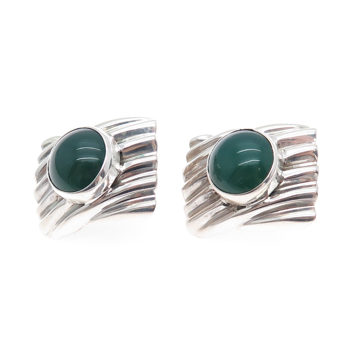 925 Sterling Silver Vintage Real Green Onyx Modernist Omega Back Earrings