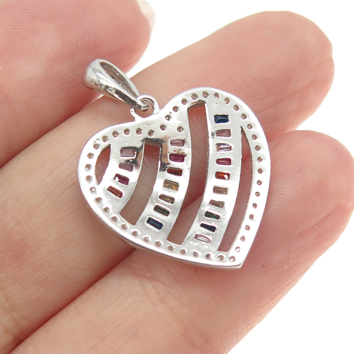 925 Sterling Silver Tapered Baguette & Round-Cut Multi-Color C Z Heart Pendant