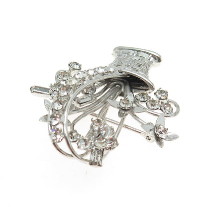 CARL ART 925 Sterling Silver Antique Art Deco Rhinestone Flower Basket Brooch
