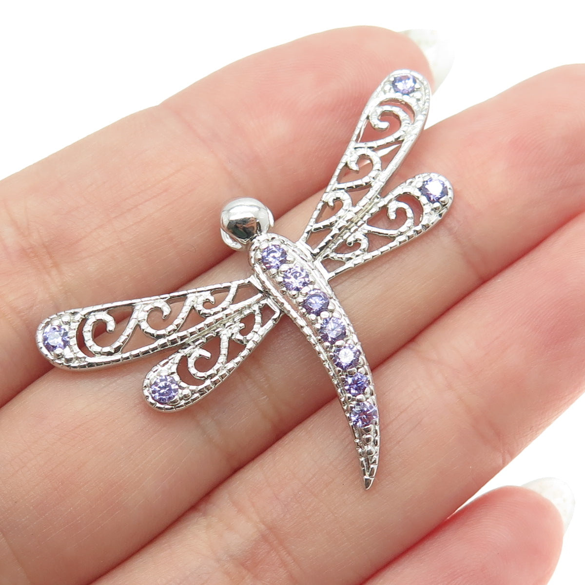 925 Sterling Silver Real Round-Cut Amethyst Dragonfly Slide Pendant