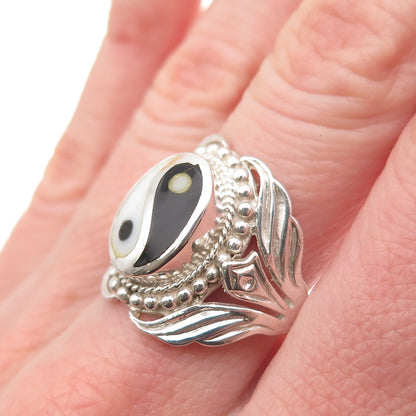 925 Sterling Silver Vintage Real Black & White Onyx Yin Yang Ring Size 10.25