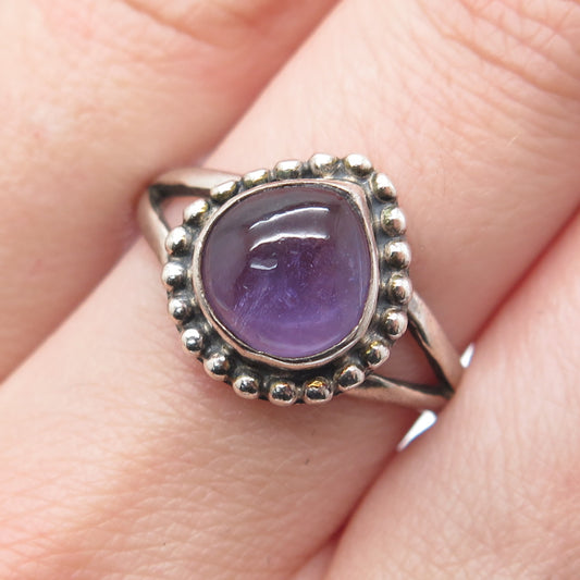 925 Sterling Silver Vintage Real Amethyst Beaded Oxidized Ring Size 8.75