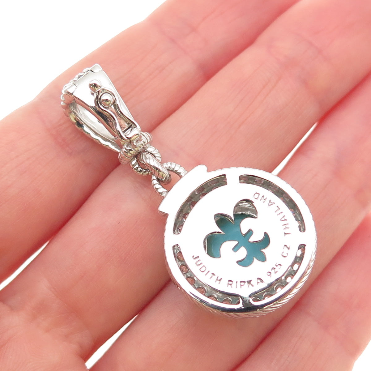 Judith Ripka 925 Sterling Silver Real Round-Cut Turquoise & C Z Charm Pendant