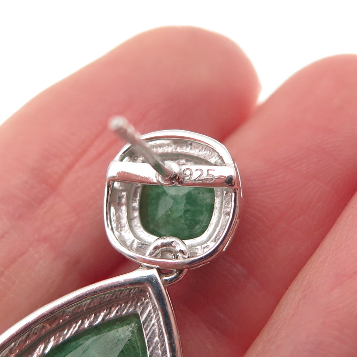 925 Sterling Silver Real Cushion & Pear-Cut Emerald Dangle Earrings