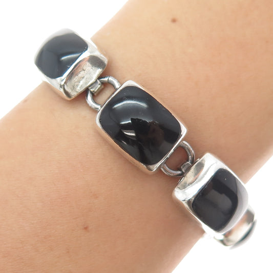 925 Sterling Silver Vintage Mexico Real Black Onyx Oxidized Link Bracelet 6.75"