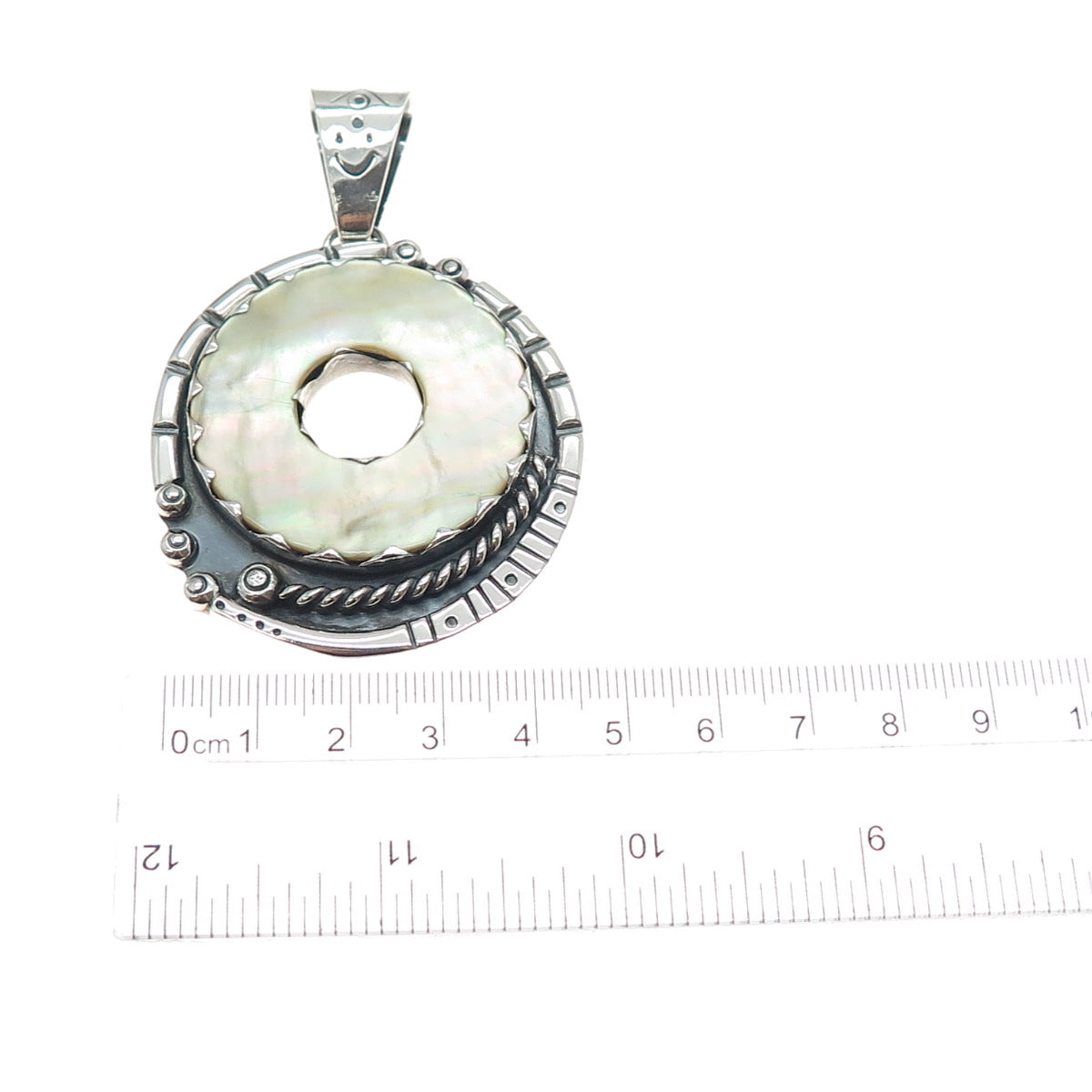 925 Sterling Silver Vintage Real MOP Modernist Oxidized Pendant