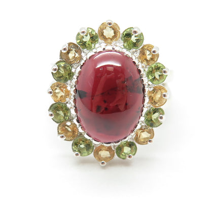 925 Sterling Silver Real Cabochon Tourmaline Peridot & Citrine Ring Size 8