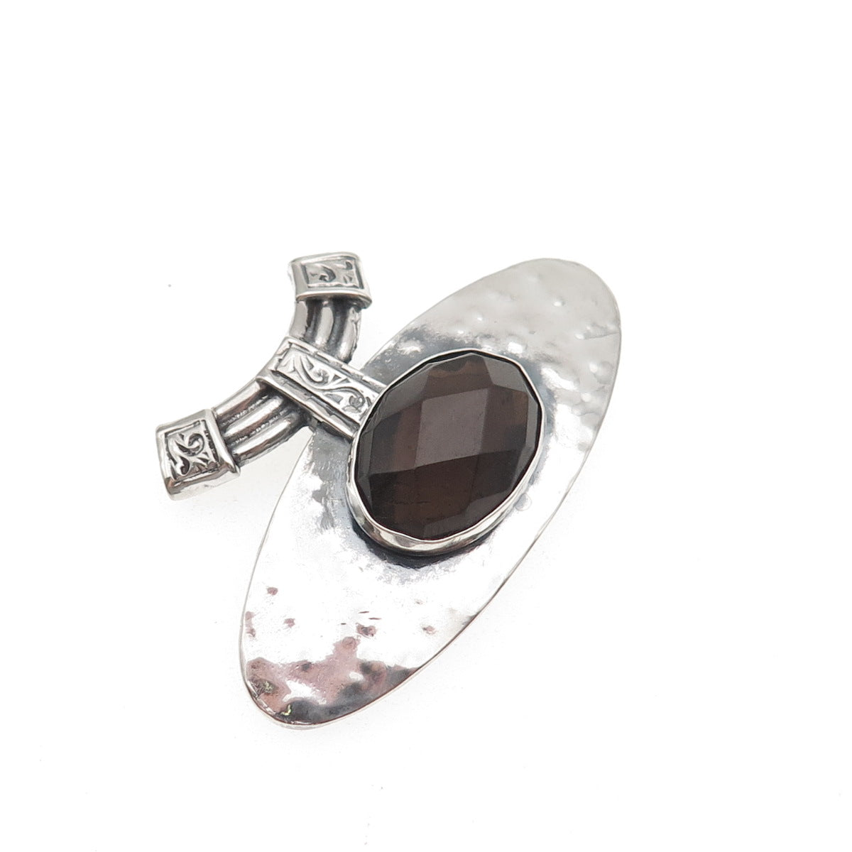 925 Sterling Silver Vintage Real Smoky Quartz Modernist Hammered Slide Pendant