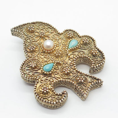 925 Sterling Silver Gold Plated Antique Real Pearl & Turquoise Tree Pin Brooch