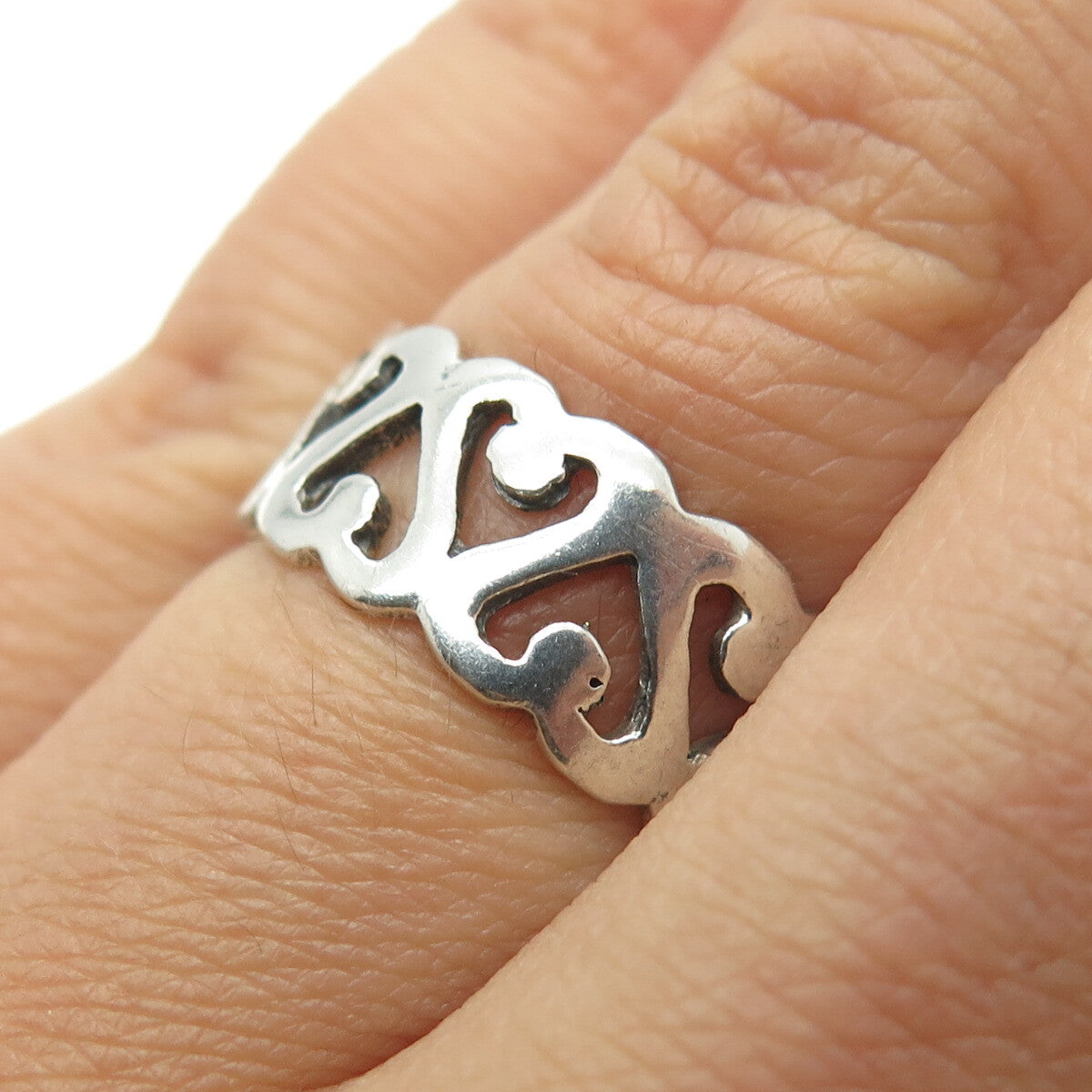 925 Sterling Silver Vintage Heart Link Band Ring Size 7.25