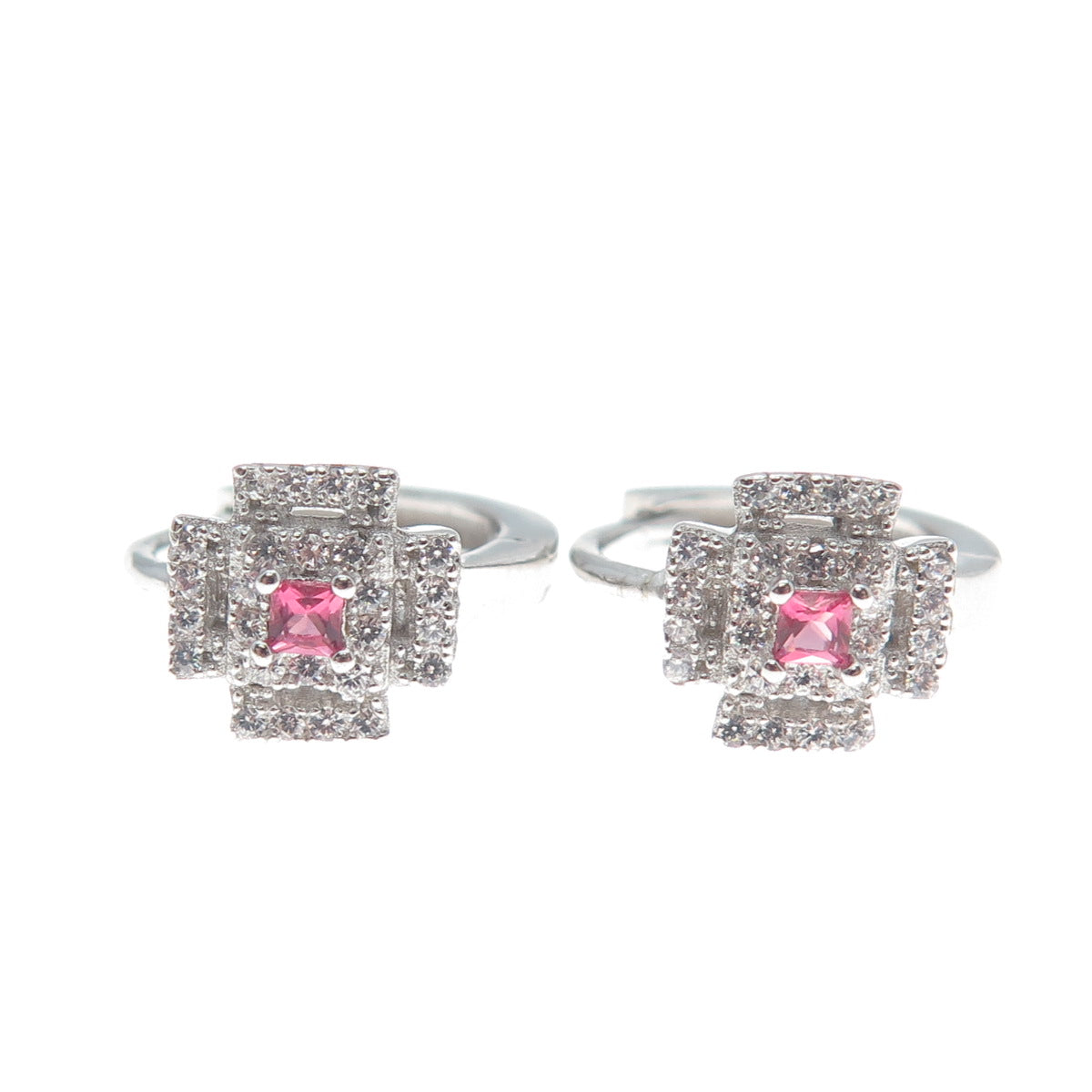 925 Sterling Silver Princess-Cut Pink & Round-Cut White C Z Cross Hoop Earrings