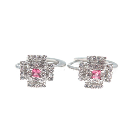 925 Sterling Silver Princess-Cut Pink & Round-Cut White C Z Cross Hoop Earrings