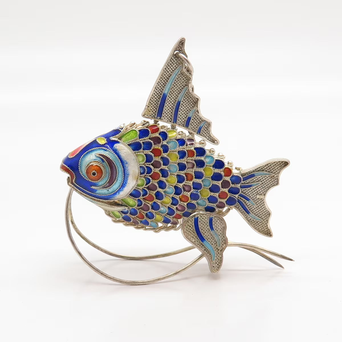 925 Sterling Silver Enamel Antique Chinese Koi Fish Articulated Chatelaine Fob