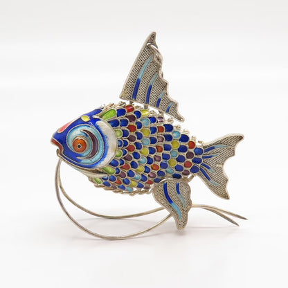 925 Sterling Silver Enamel Antique Chinese Koi Fish Articulated Chatelaine Fob