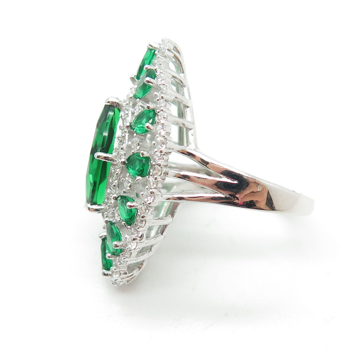 DSMK 925 Sterling Silver Marquise & Pear-Cut Nano Emerald & C Z Ring Size 7